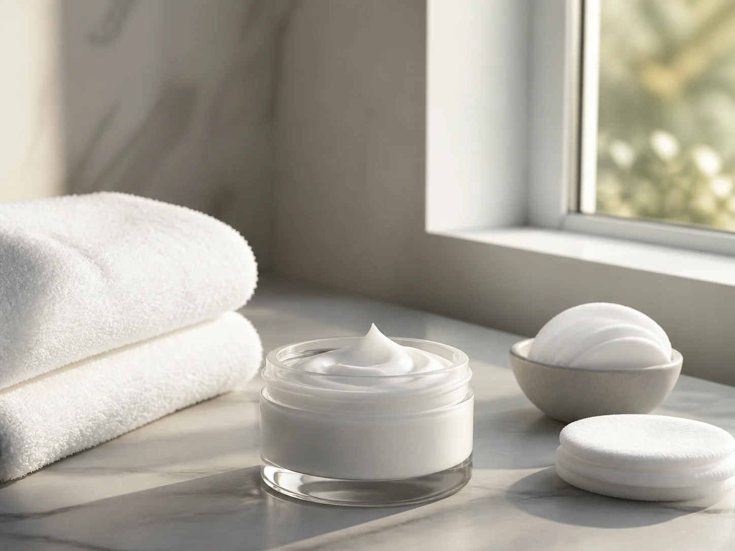 Editorial still life of gentle skincare products and clean linens