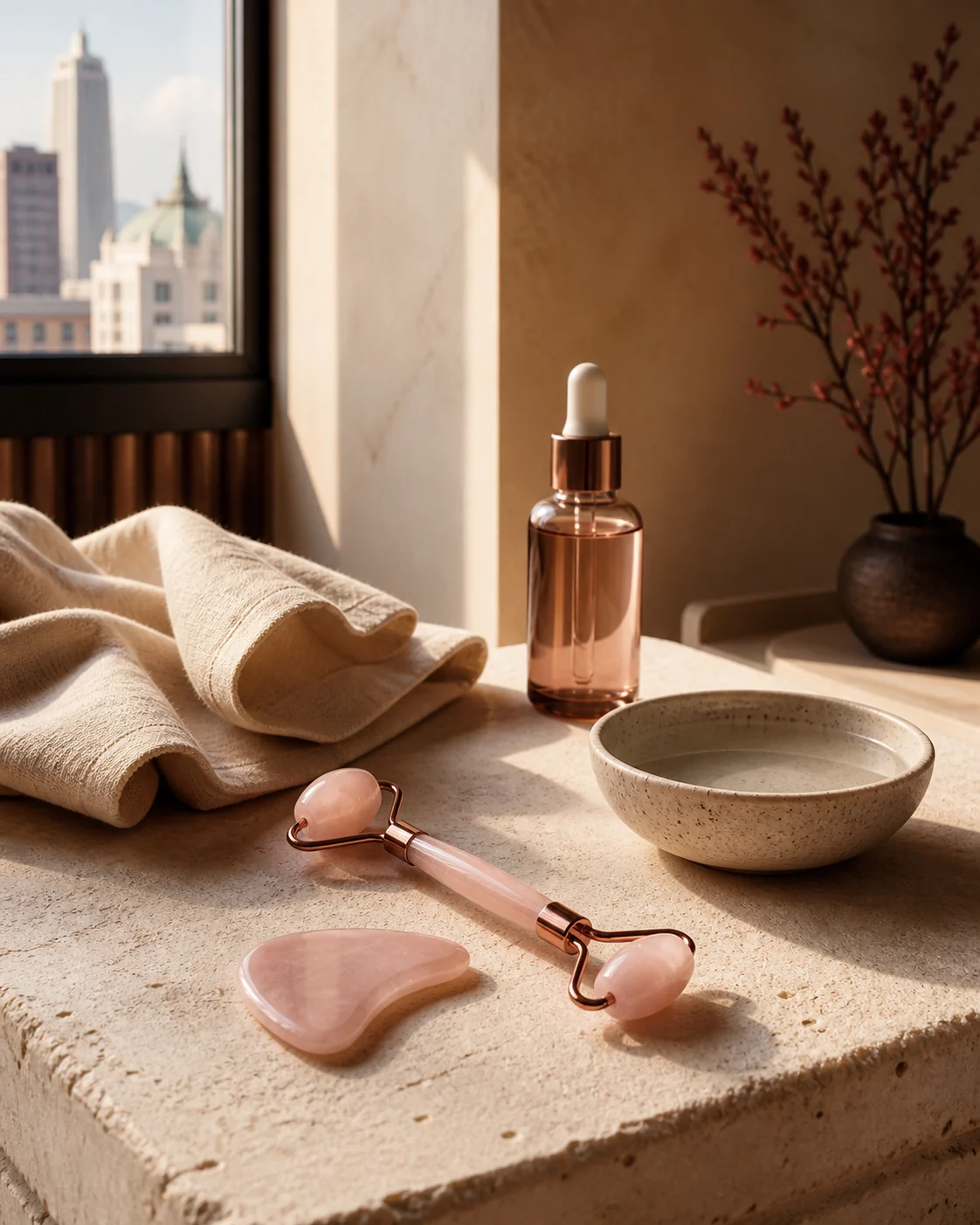 Editorial still life of skincare bottles in soft natural light